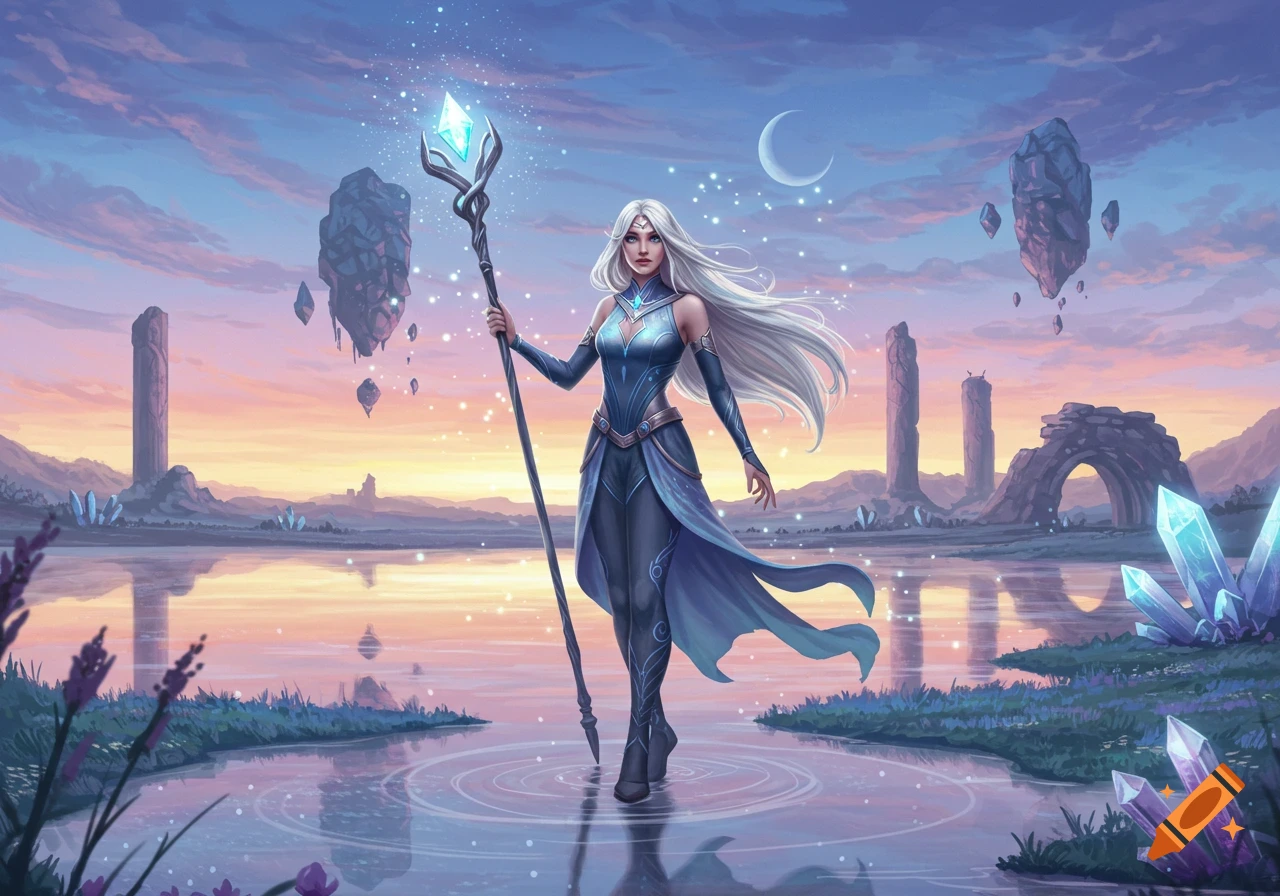 White-haired fantasy sorceress in a blue outfit holding a glowing crystal staff in a magical landscape at sunset.