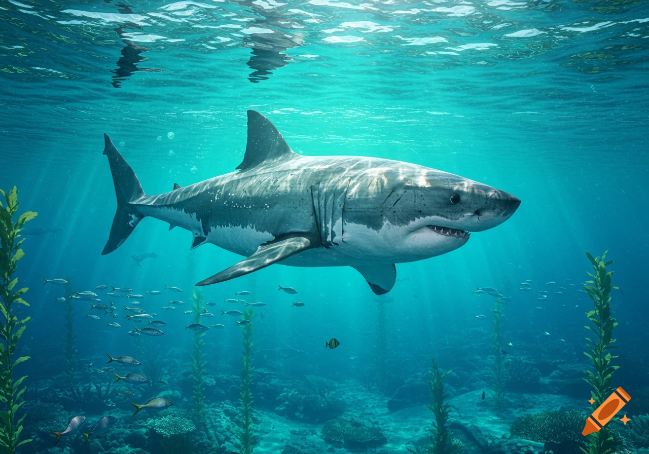 A large great white shark swims underwater in clear blue ocean water, with schools of fish and kelp.