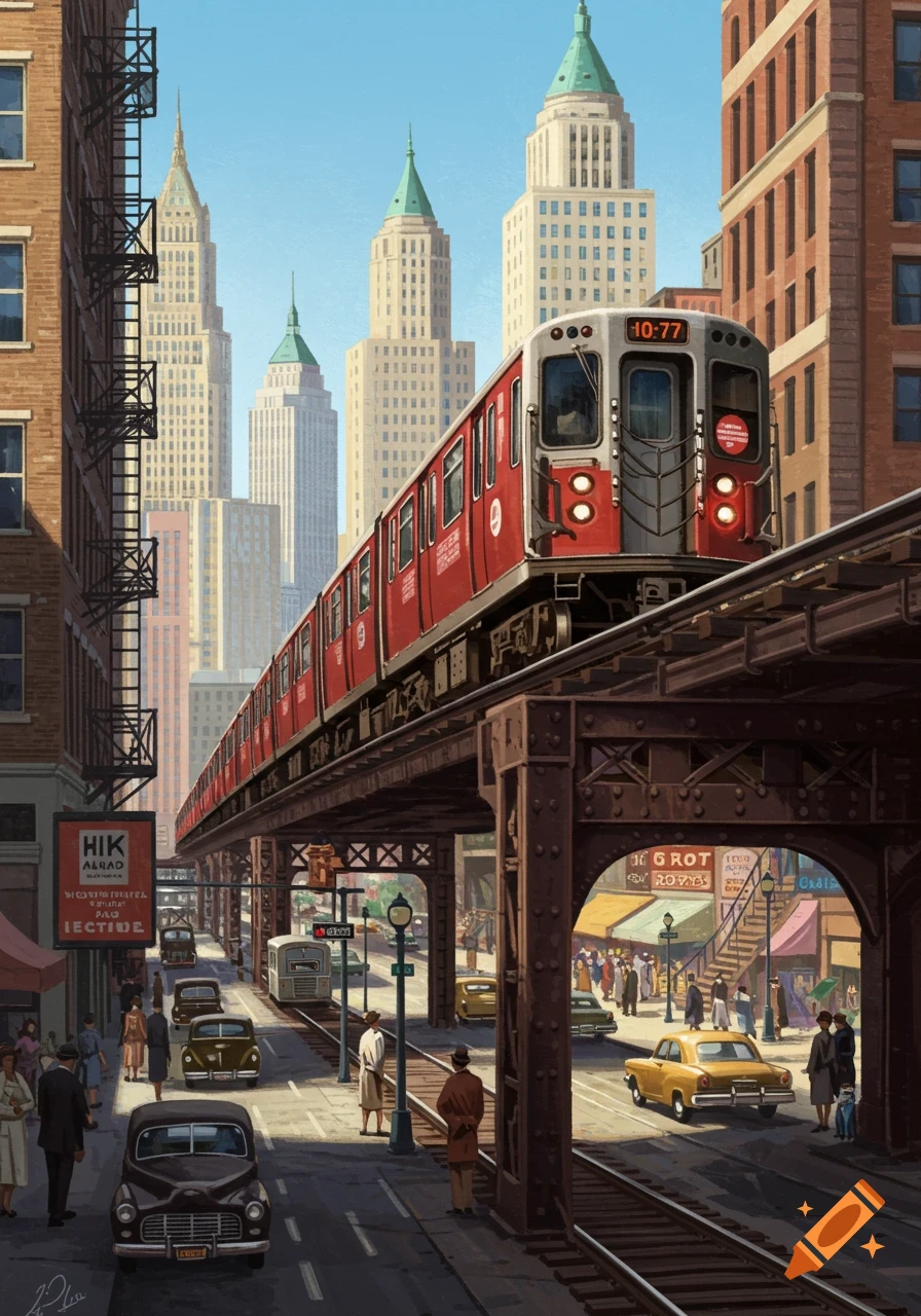 An elevated red subway train travels above a bustling 1950s New York City street with vintage cars and pedestrians, framed by tall buildings.