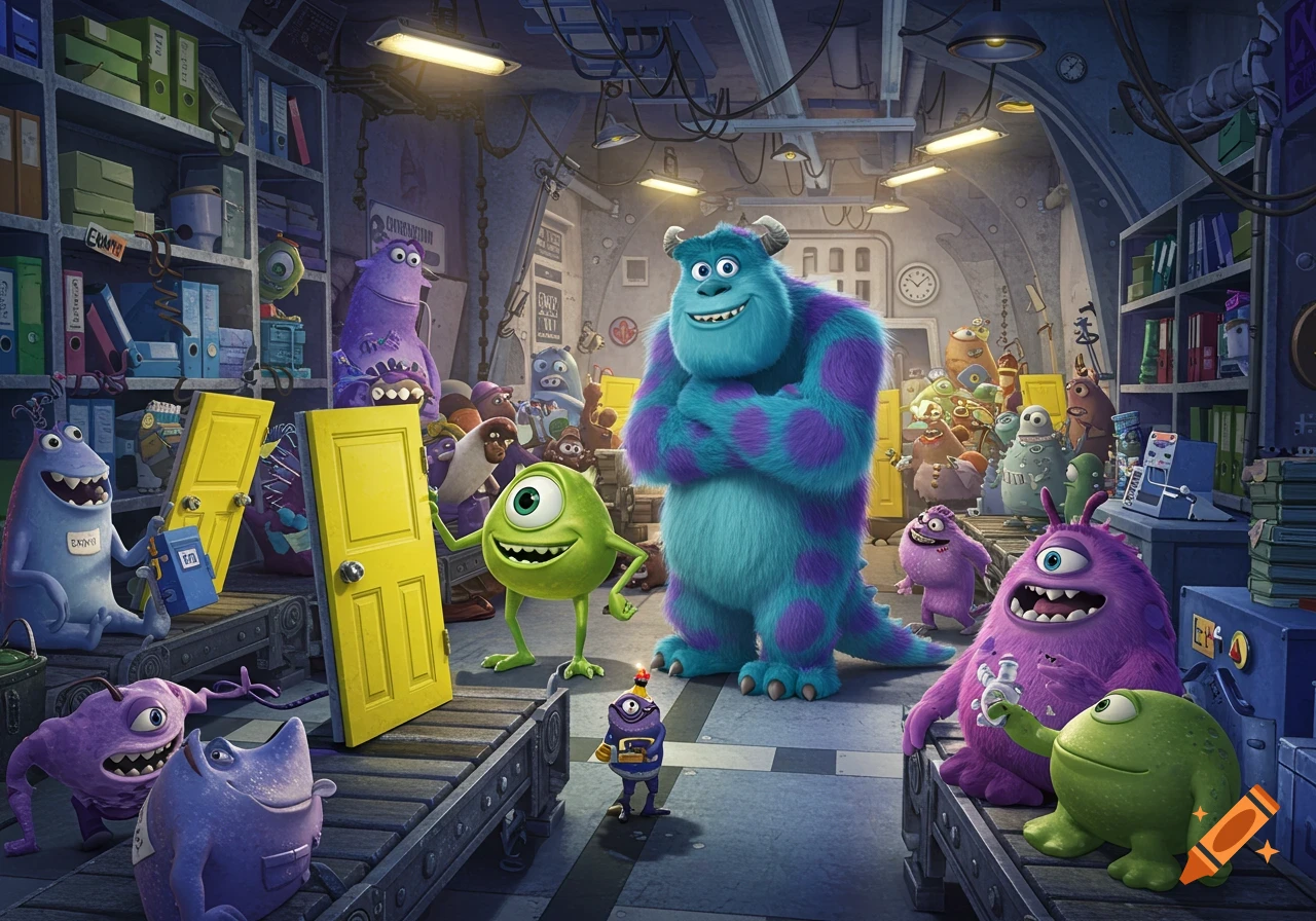 Sulley and Mike Wazowski stand in a factory room with yellow doors on a conveyor belt, surrounded by many other monsters.