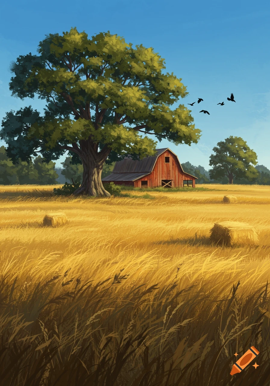 An illustrative painting of a red barn nestled under a large tree in a golden field, with crows flying in a clear blue sky.