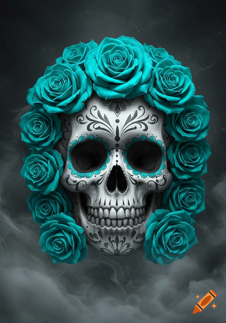 A highly detailed sugar skull with black and teal decorative patterns, surrounded by a wreath of vibrant turquoise roses against a dark, smoky background.