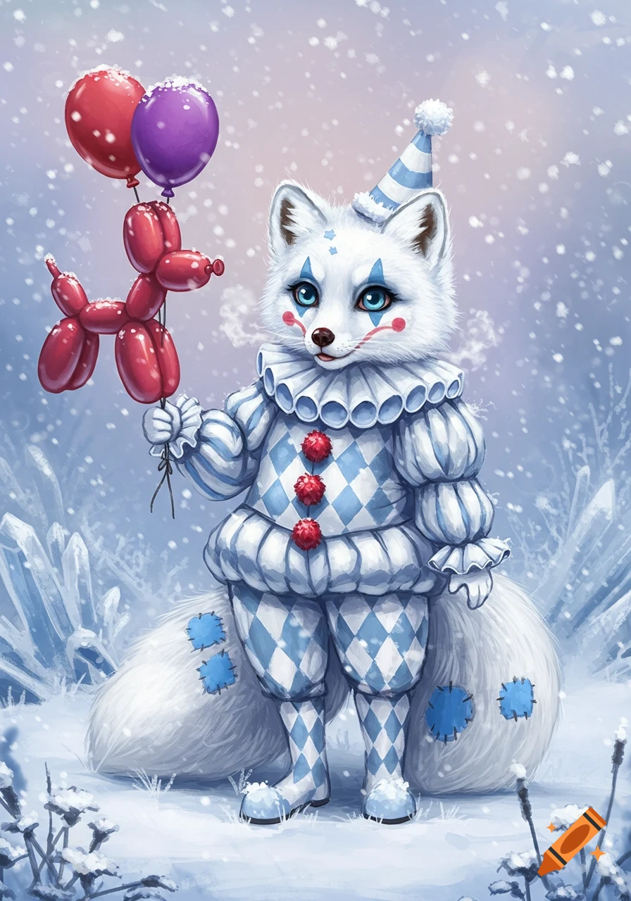 A cute arctic fox clown in a blue and white harlequin outfit holds balloons and a balloon dog in a snowy, icy landscape.