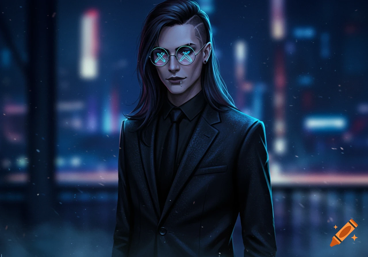 Digital art of an androgynous person in a black suit with dark hair and glowing 'X' glasses in a blue cityscape.