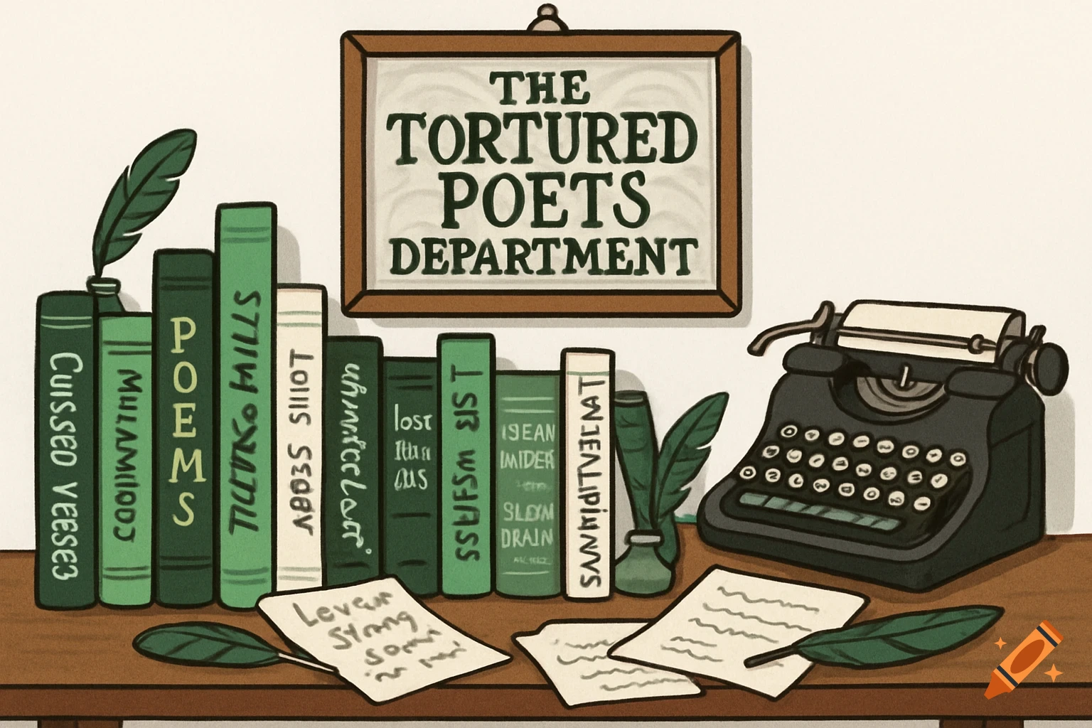 Cartoon illustration of a bookshelf filled with green, white, and black books, with a typewriter and papers on a desk. A sign above reads "THE TORTURED POETS DEPARTMENT."