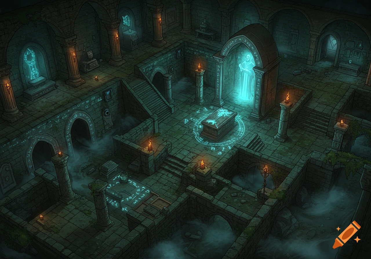 Isometric fantasy dungeon map with glowing runes, a central sarcophagus, and mystical figures in a dark, stone crypt.