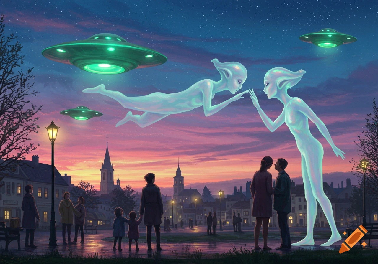 Two ethereal aliens from UFOs interact with humans in a peaceful town square at sunset, digital painting.