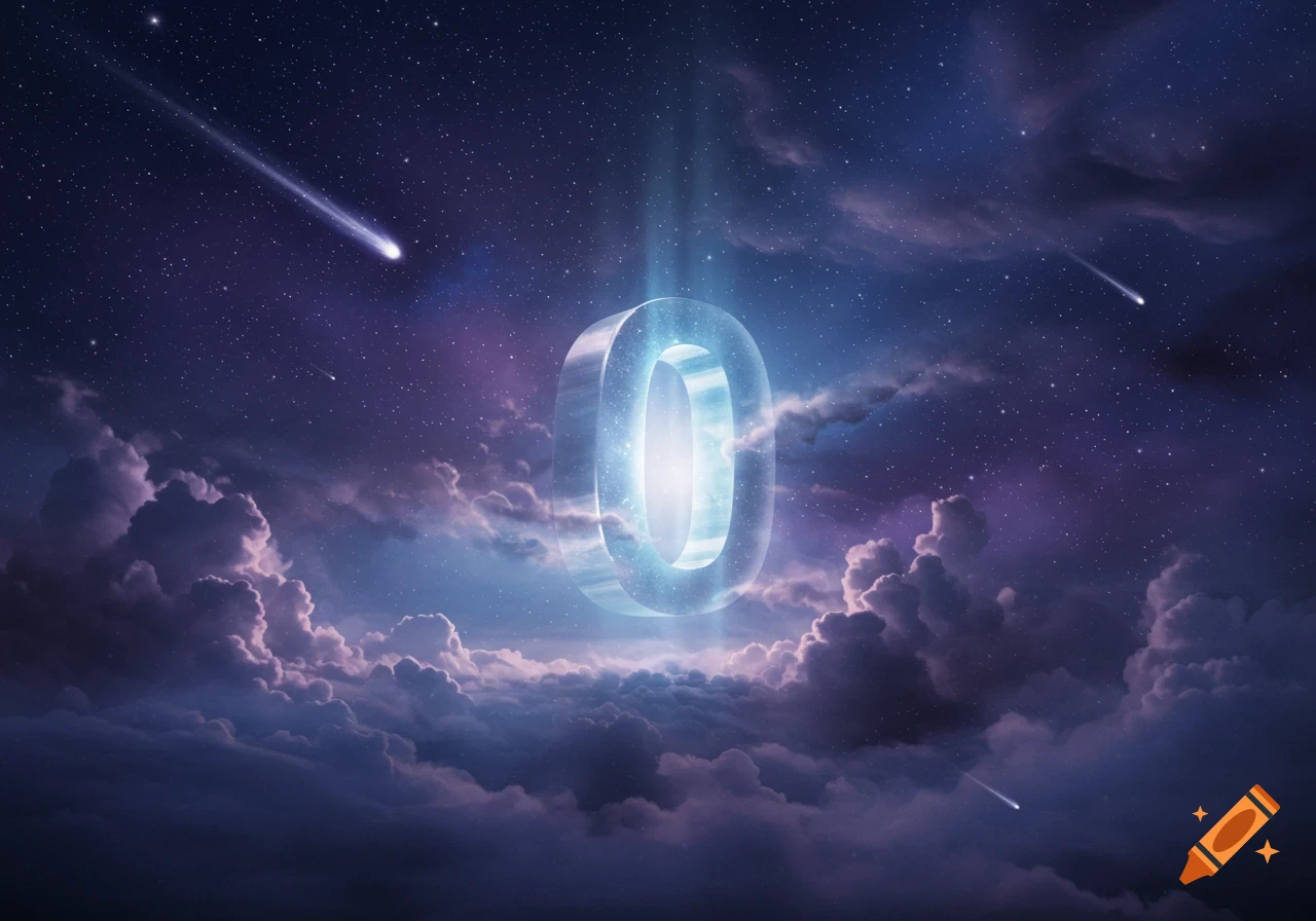 A large, glowing, translucent number 0 floats majestically in a starry night sky with purple and blue clouds and shooting stars.