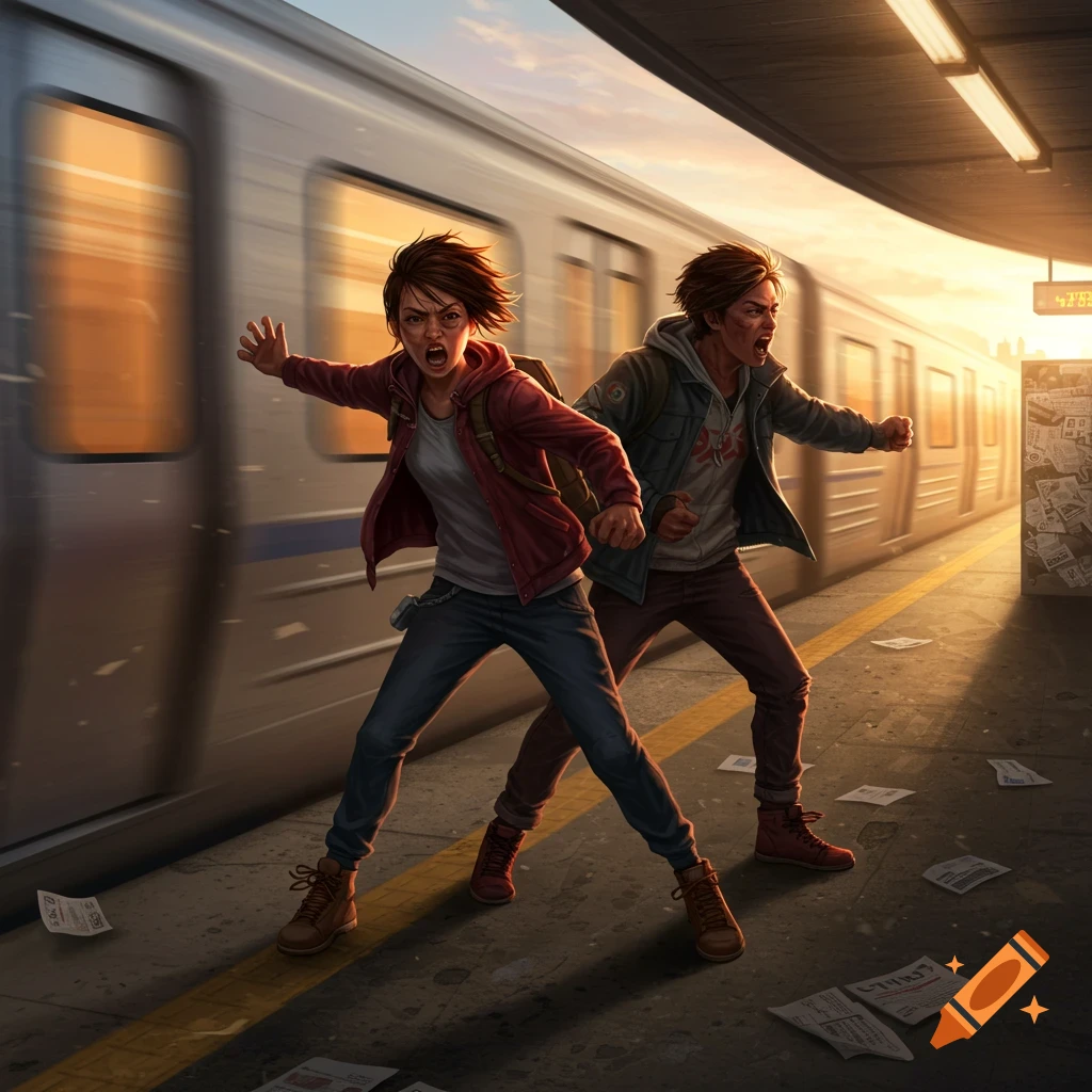 Two angry people on a subway platform as a train passes by, in an illustrated style.