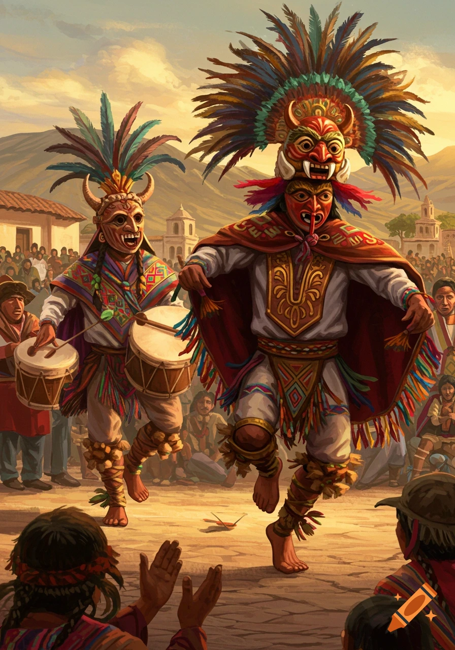 Two masked dancers in elaborate feathered costumes perform with drums in a vibrant village square, surrounded by an audience and mountains. Painted.