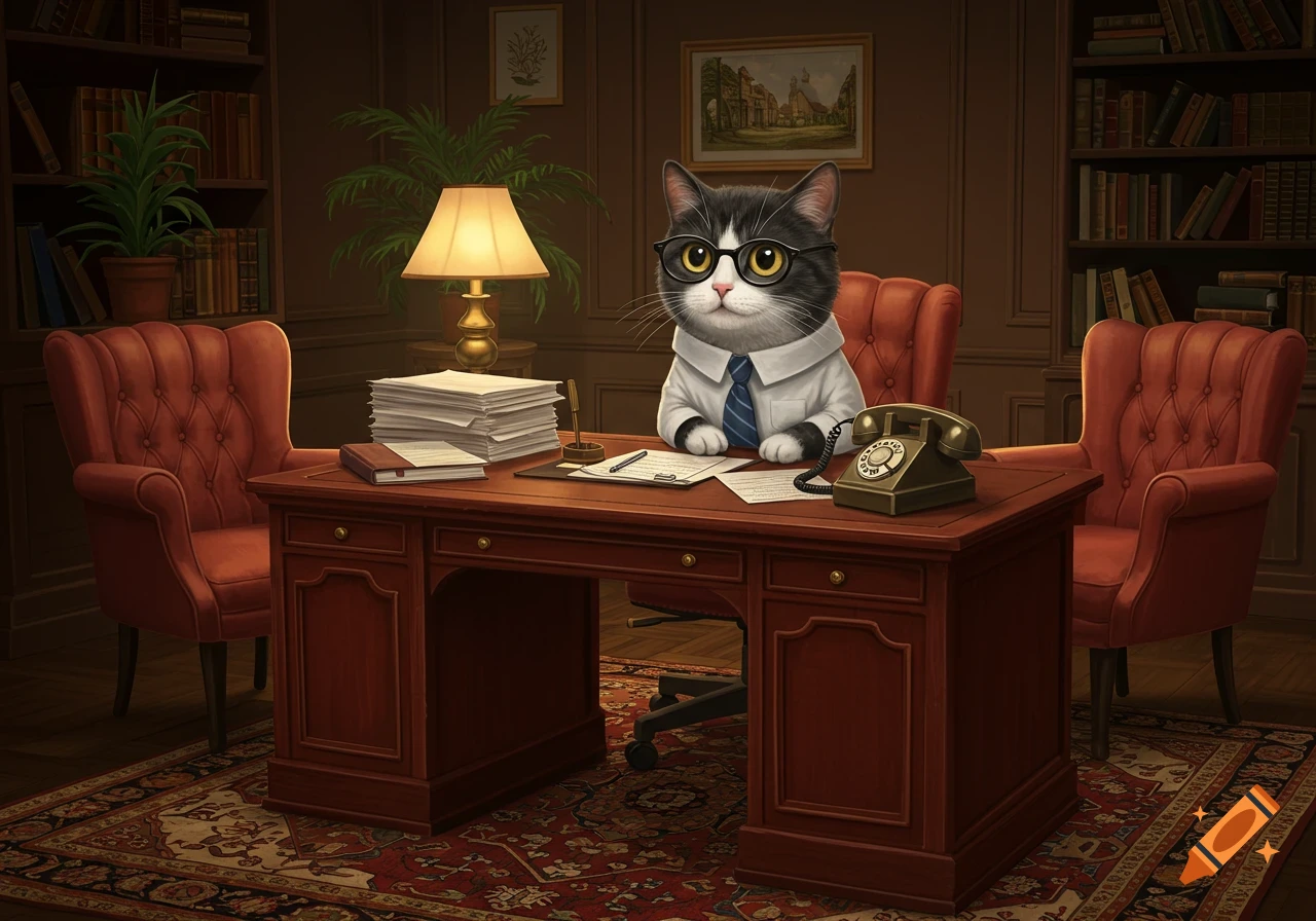 A bespectacled tuxedo cat in a white shirt and blue tie sits behind a wooden desk in a lavish office.