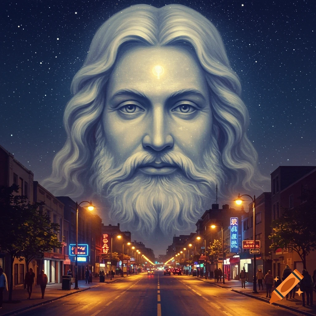 A giant, ethereal face with a beard and long hair floats above a bustling city street at night, with illuminated buildings and cars.