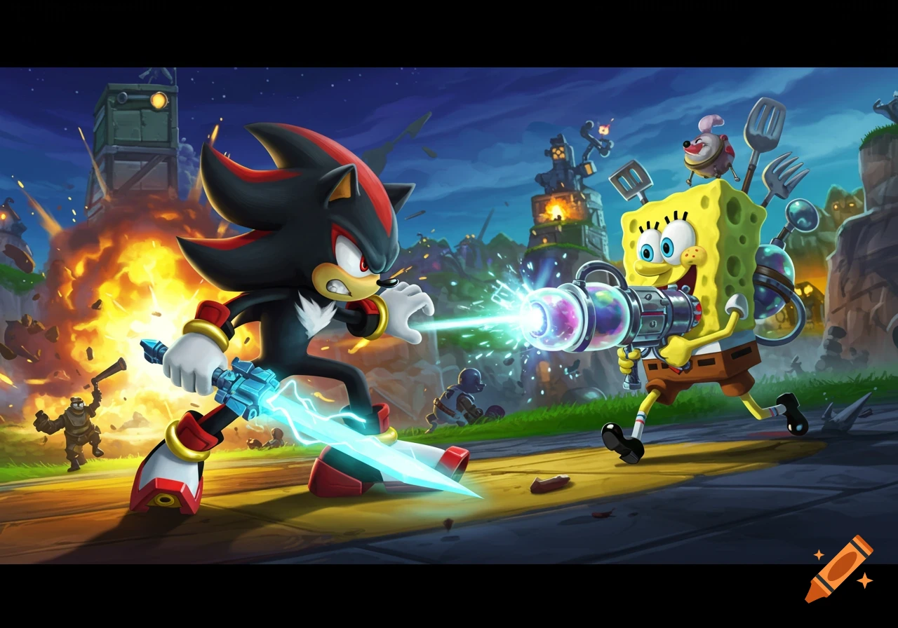 Shadow the Hedgehog with an energy sword battles Spongebob Squarepants with a ray gun in an explosive, cartoonish landscape.