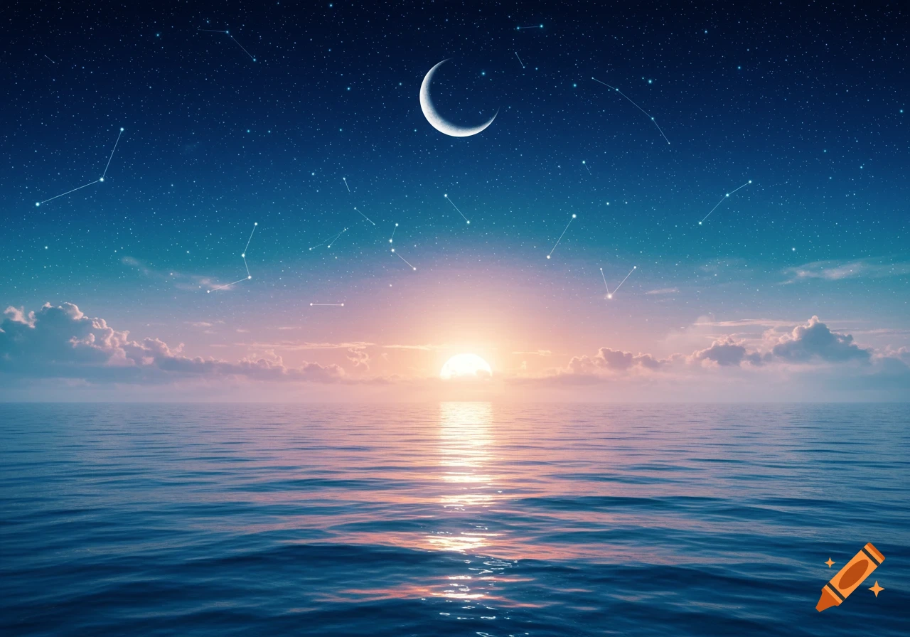 A serene seascape at dawn or dusk, with a crescent moon and constellations in a starry blue sky above a glowing sun reflecting on calm ocean waves.