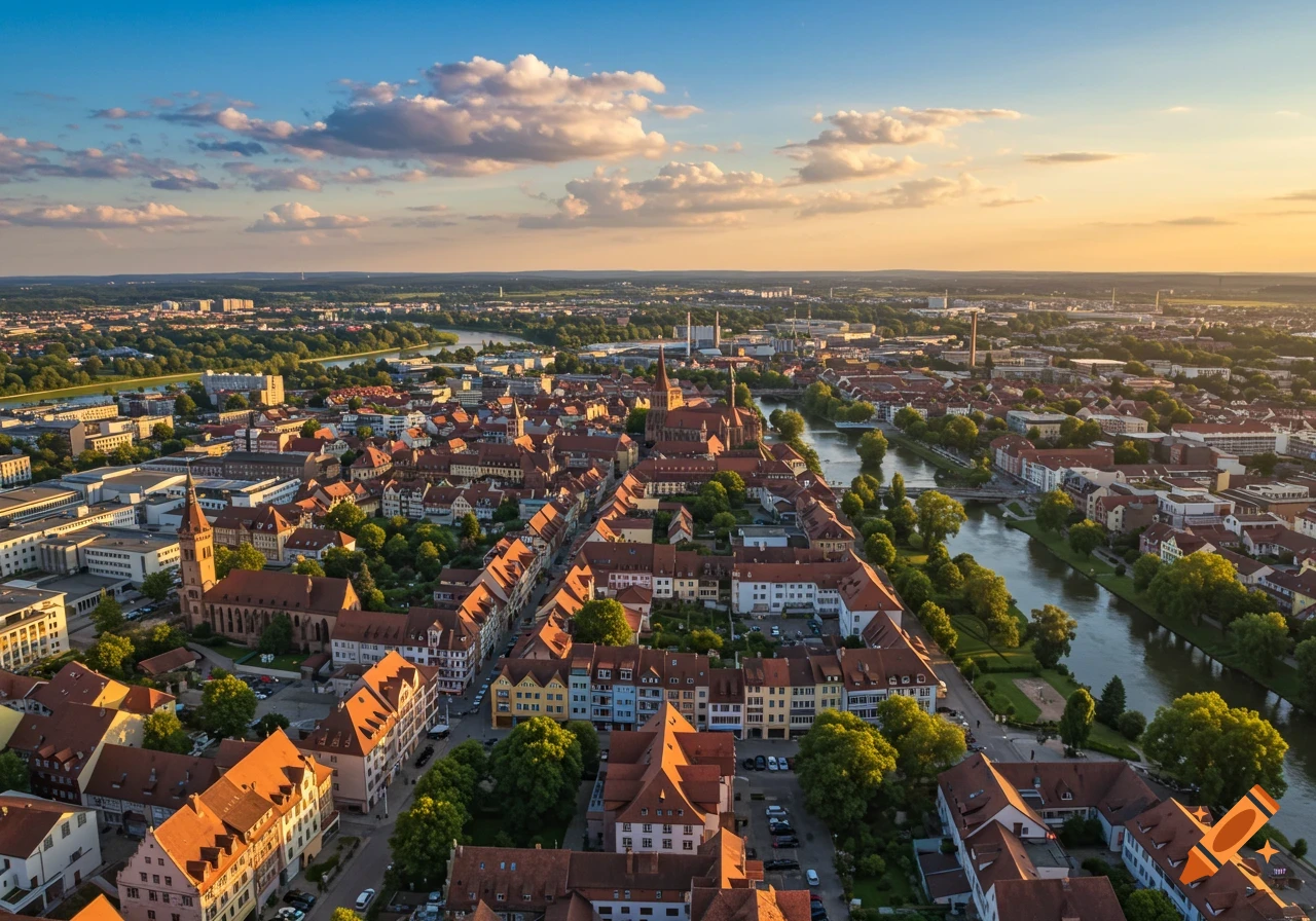 Photorealistic aerial view of a city with red-roofed buildings, a winding river, and green trees under a partly cloudy sky at sunset.