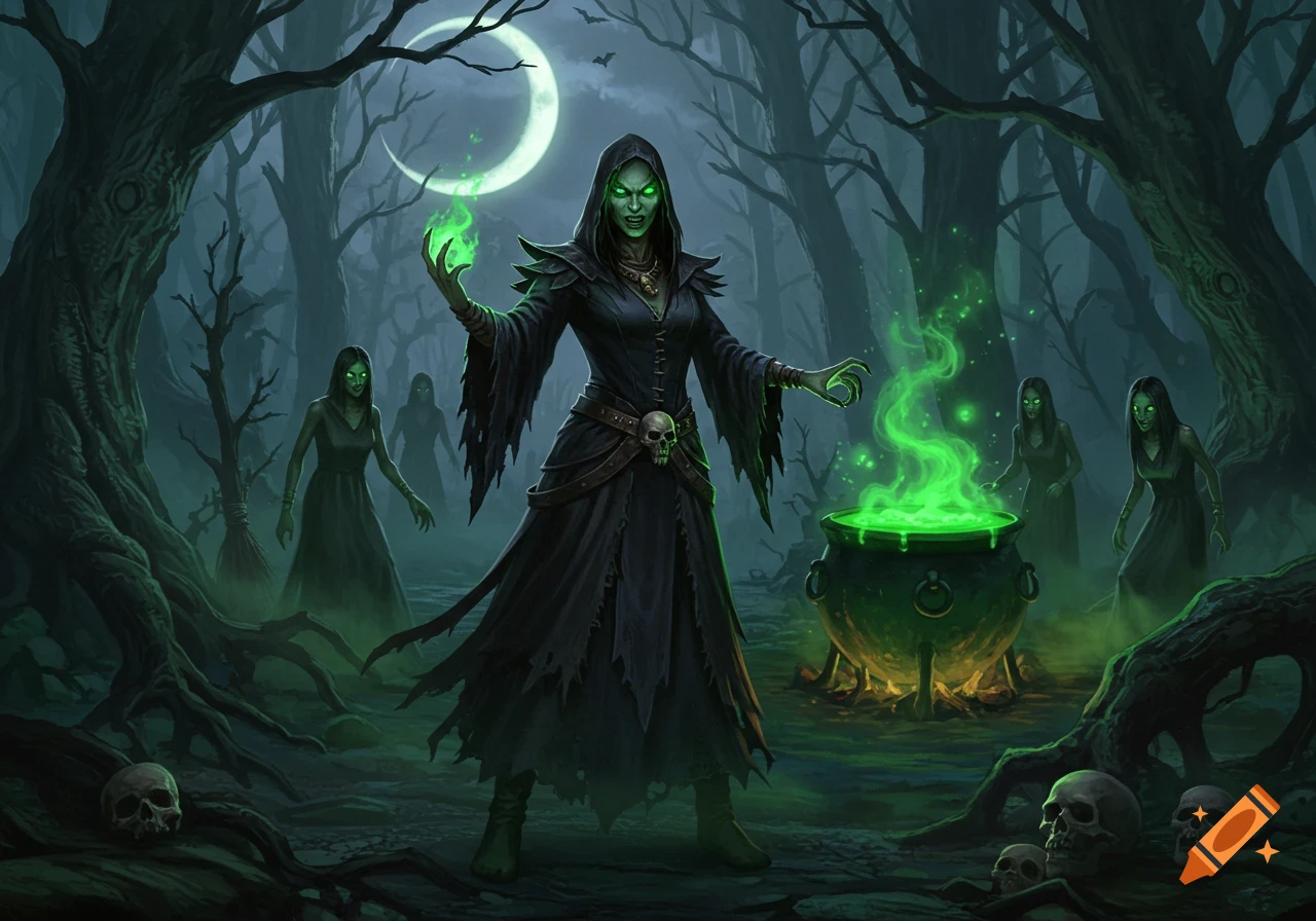 A powerful witch casts green magic over a bubbling cauldron in a dark, moonlit forest with ghostly figures and skulls.