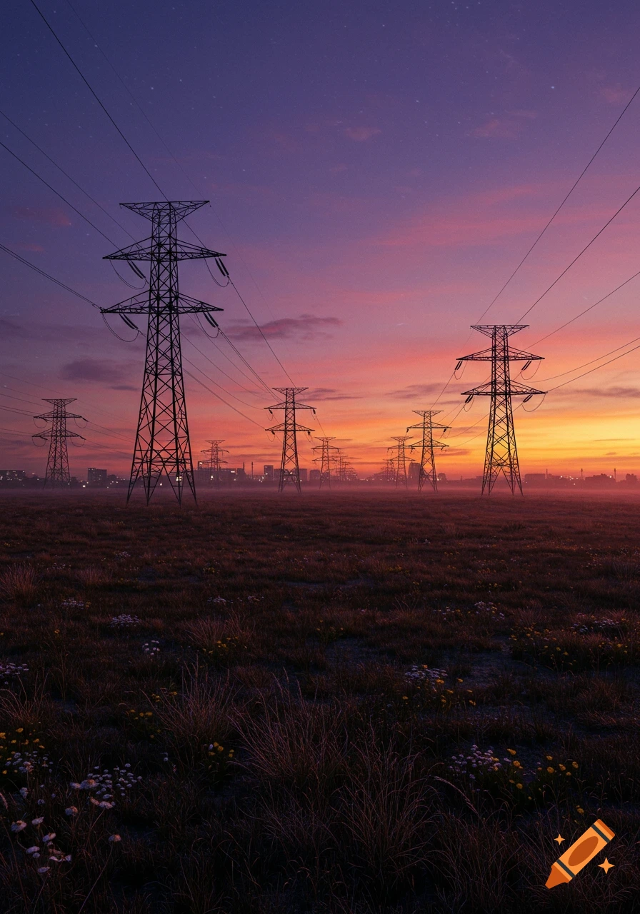 Silhouettes of power lines stretch across a grassy field under a vibrant purple and orange sunset sky.