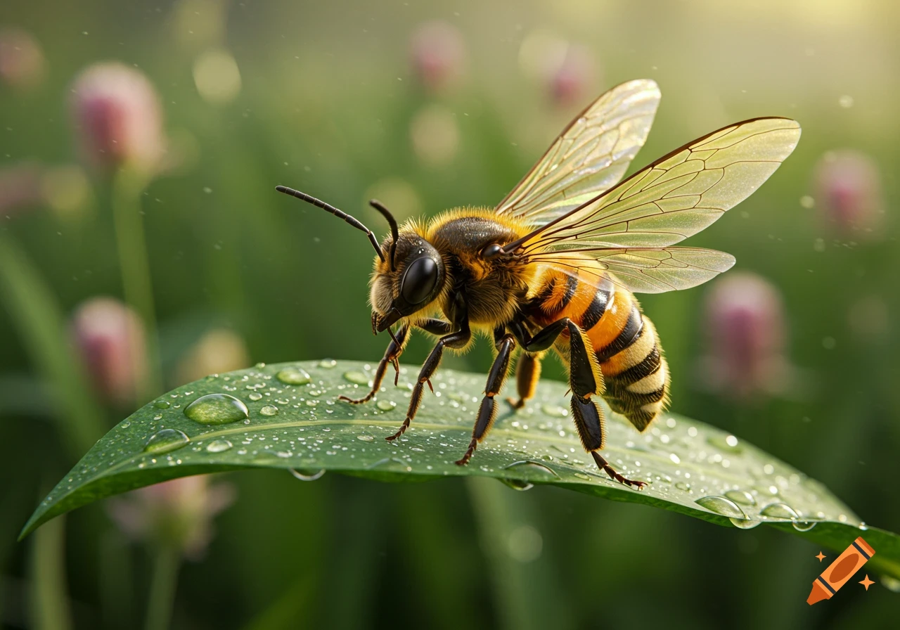 A close-up, photorealistic image of a honey bee standing on a green leaf covered in water droplets.