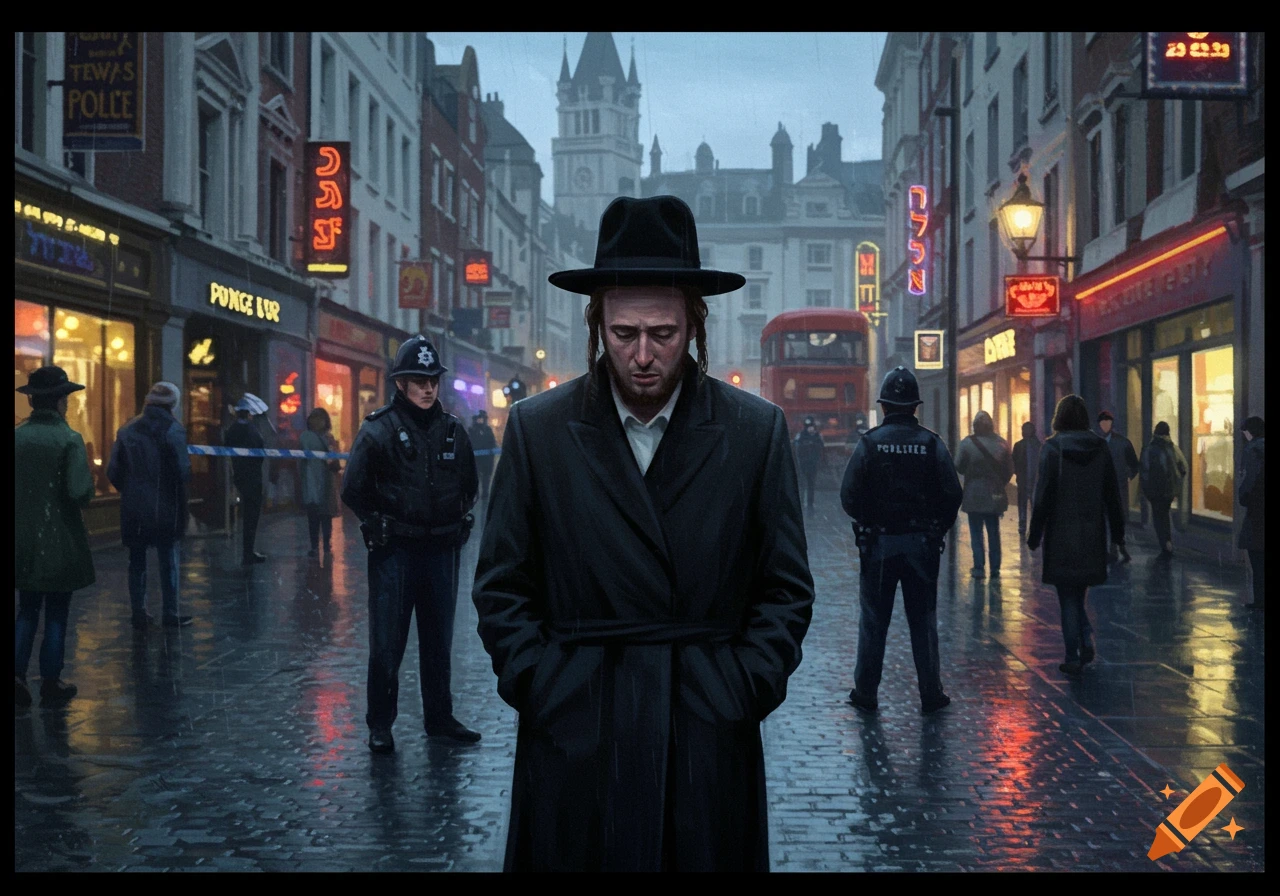 A somber Jewish man in a black coat and hat stands on a wet London street, flanked by police officers and bystanders in the rain, with a red bus in the background.