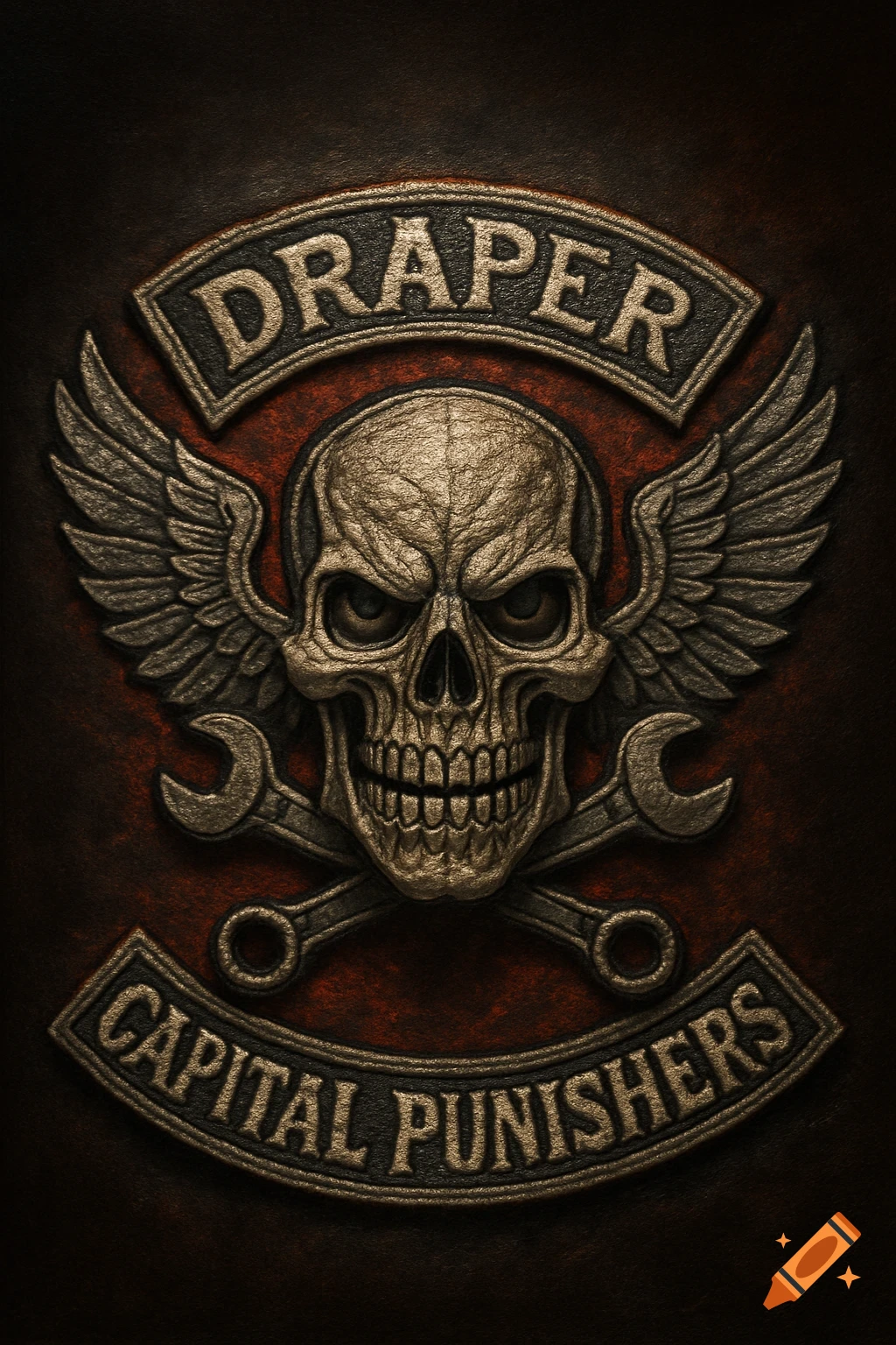 Stylized gold and silver skull with wings and crossed wrenches on a textured red and brown biker gang patch.