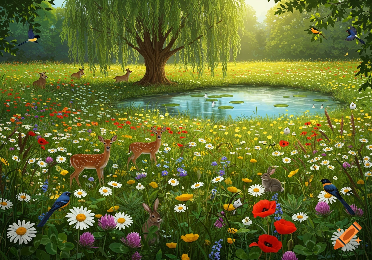 A vibrant meadow of wildflowers with a pond, a large willow tree, deer, rabbits, and birds under a bright sky.