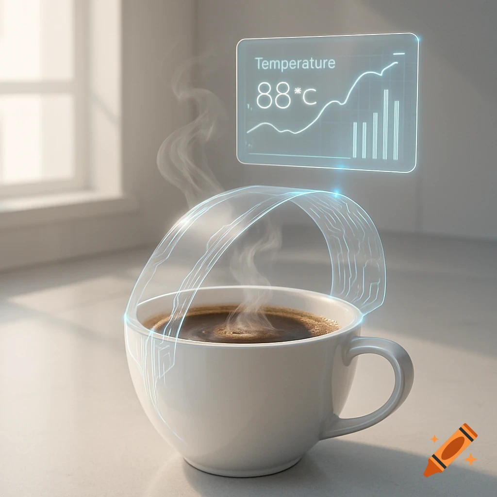 A white cup of steaming coffee with a glowing blue holographic display showing 88*C temperature and a graph, in a bright room.
