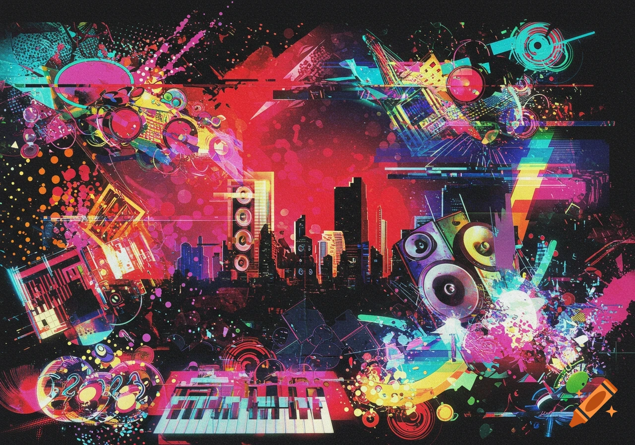 Vibrant glitch art cityscape with speakers, a keyboard, and colorful abstract shapes, evoking a cyberpunk music aesthetic.