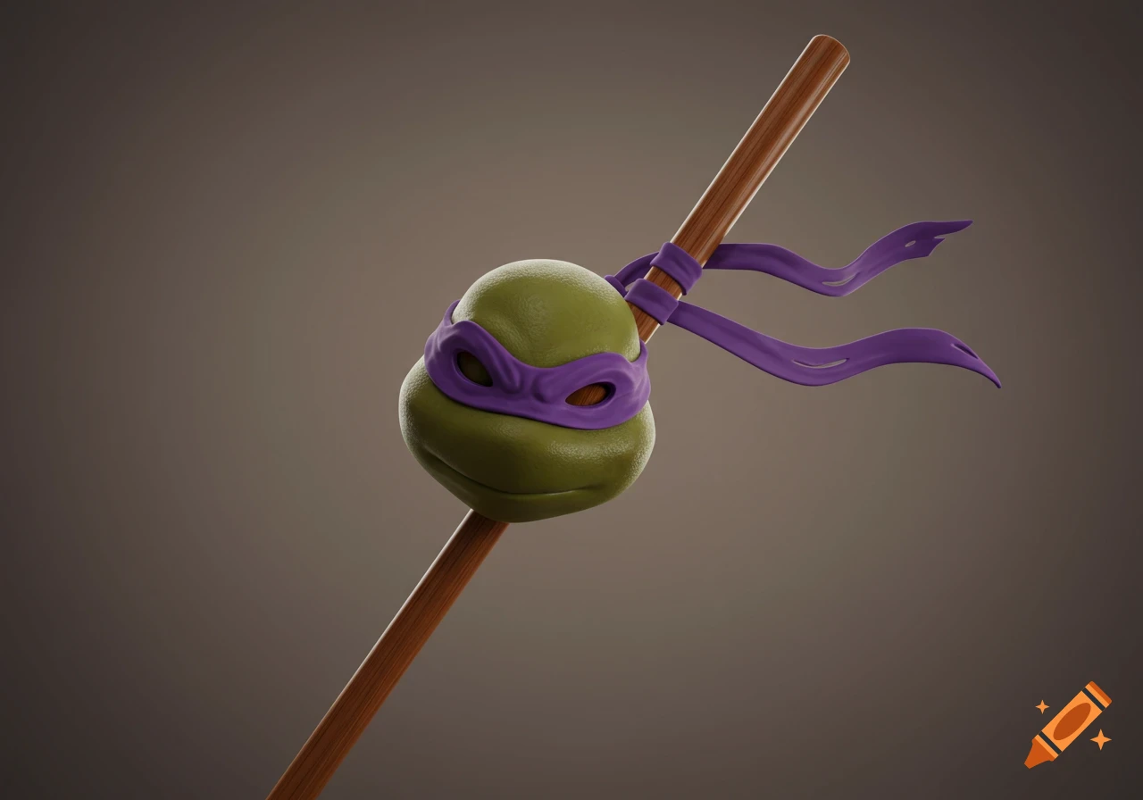 A stylized 3D render of Donatello's head from TMNT, with a purple mask and a bo staff, against a plain background.