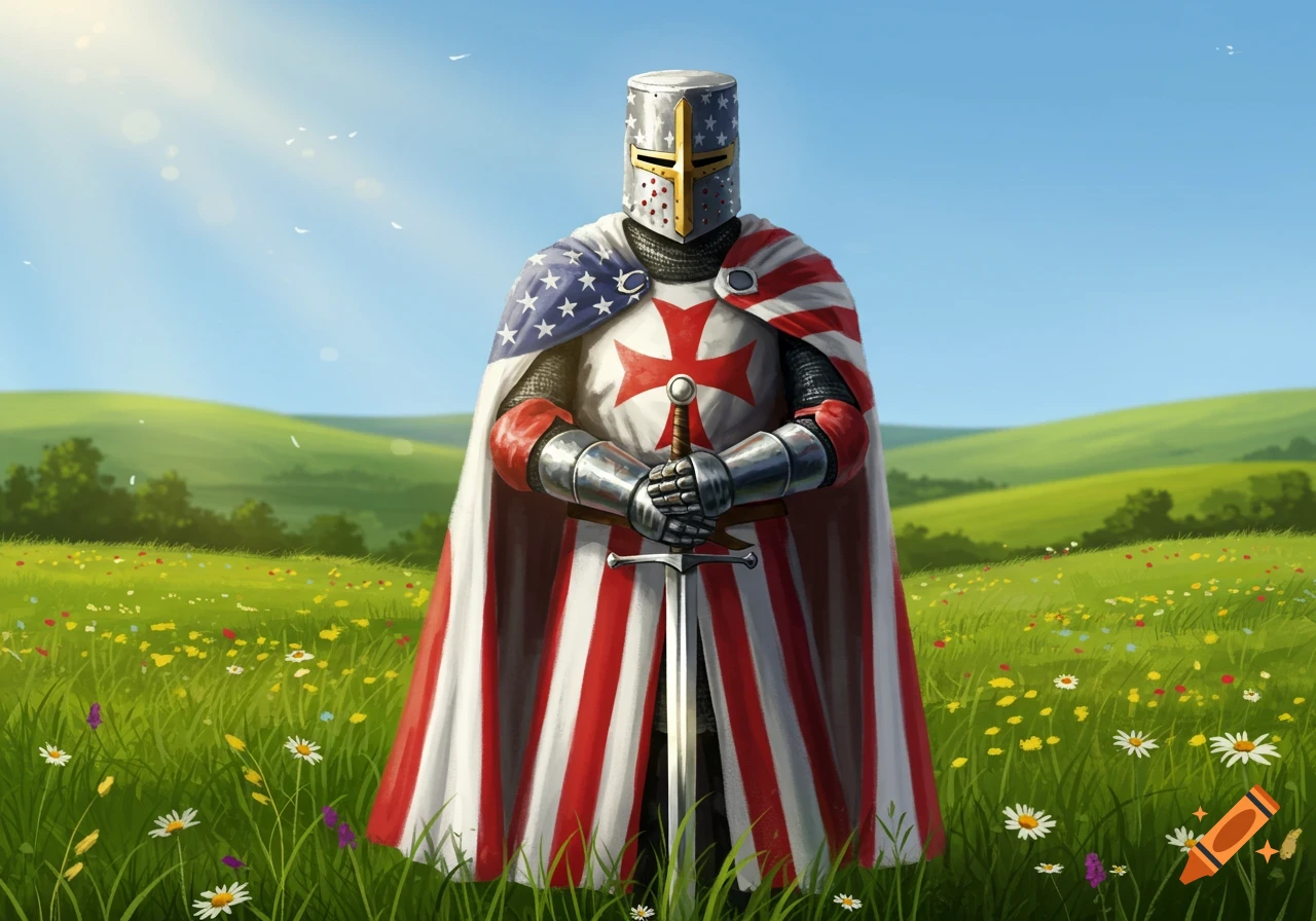 A knight templar in full armor and an American flag-themed cape stands holding a sword in a sunny green field.