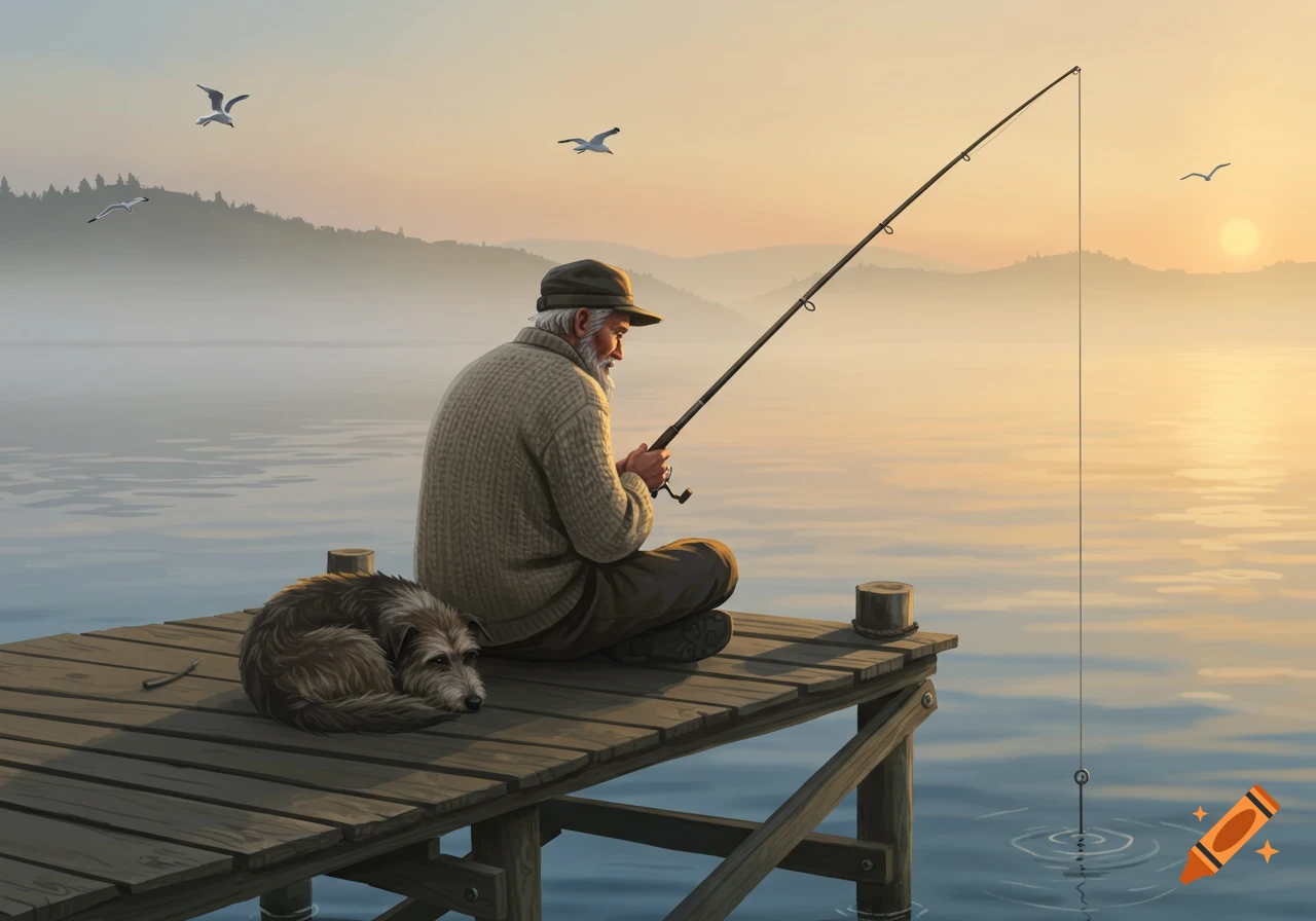 An old man fishes from a wooden dock with his dog at his side, overlooking a misty lake at sunset.