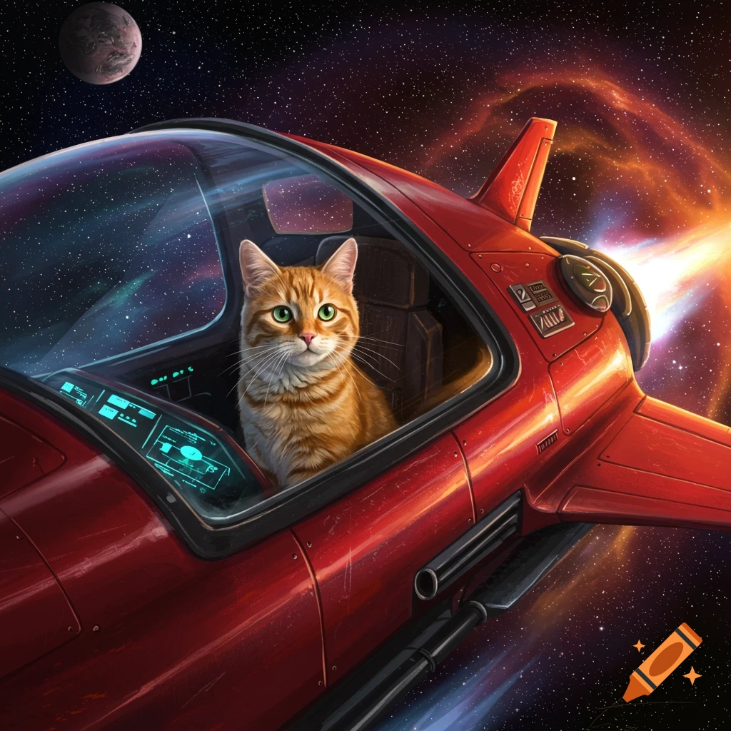 An orange tabby cat with green eyes sits in the cockpit of a red futuristic spaceship, flying through a star-filled galaxy with a distant planet.