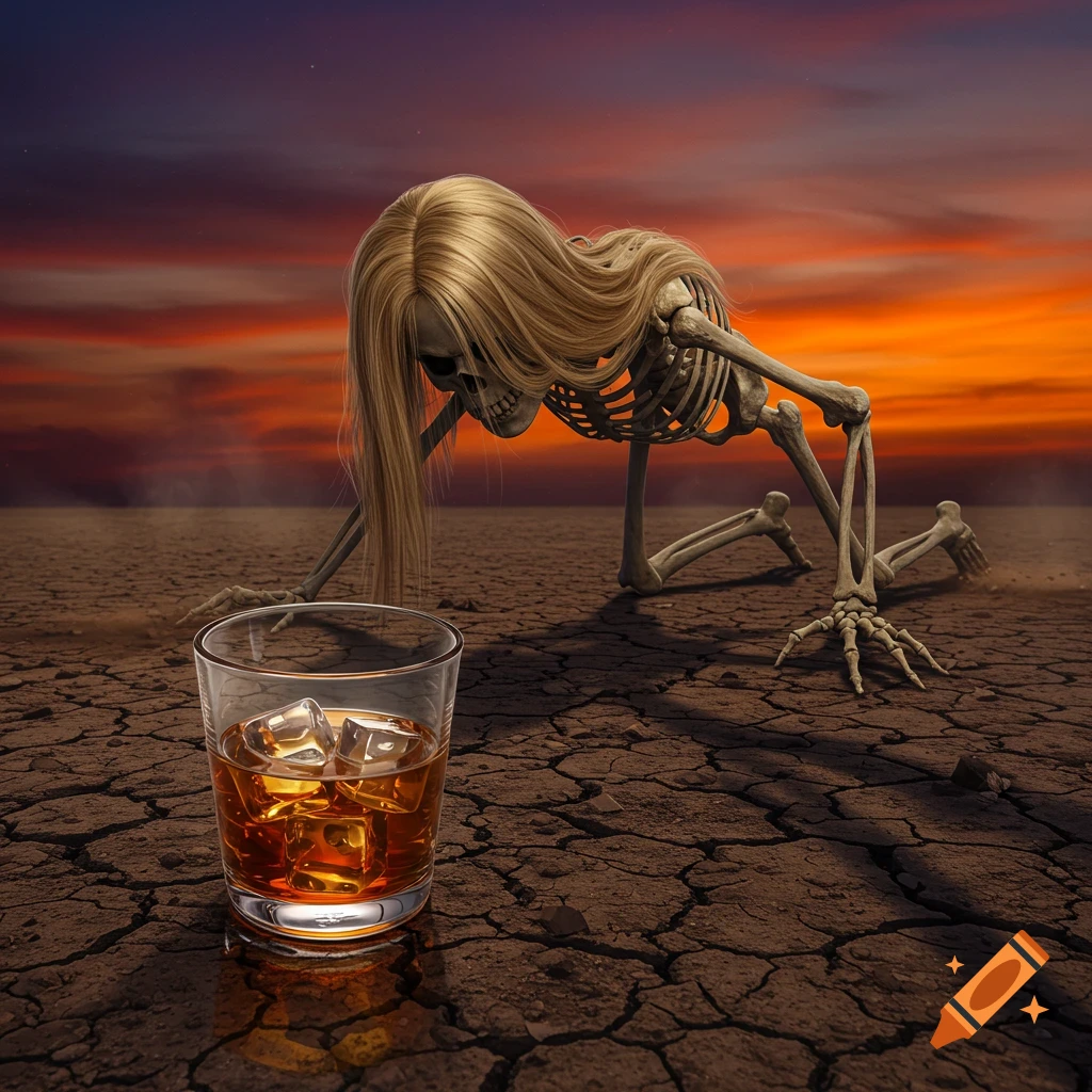 A skeleton with long blonde hair crawls across a cracked desert landscape towards a glass of whiskey under a dramatic sunset.