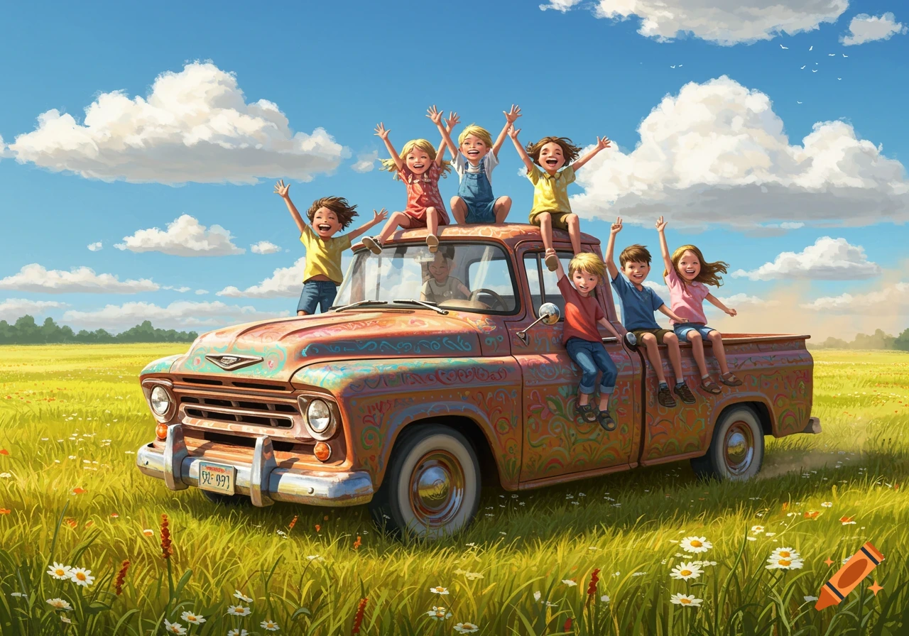 Children joyfully ride on and in an old, colorful truck in a sunny green field under a blue sky with white clouds. Cartoonish style.