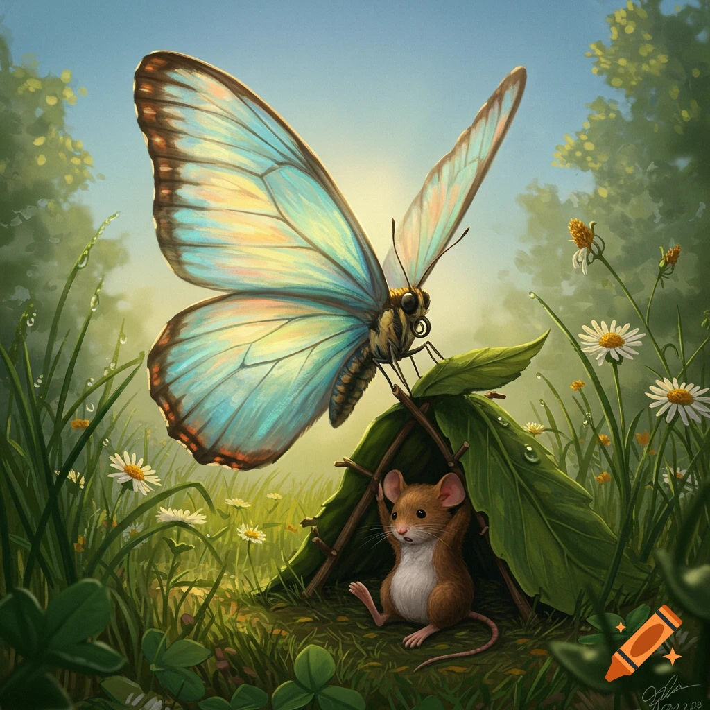 A large, colorful butterfly shades a tiny mouse resting in its leaf tent within a bright, green meadow of daisies. Digital art.