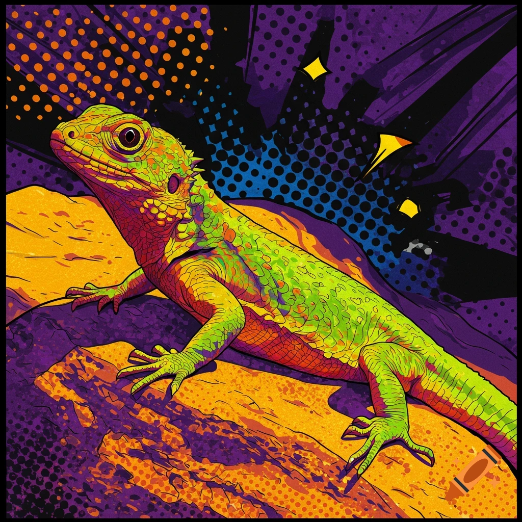 Pop art illustration of a vibrant green lizard on orange rocks, with a purple and black background featuring halftone dots.