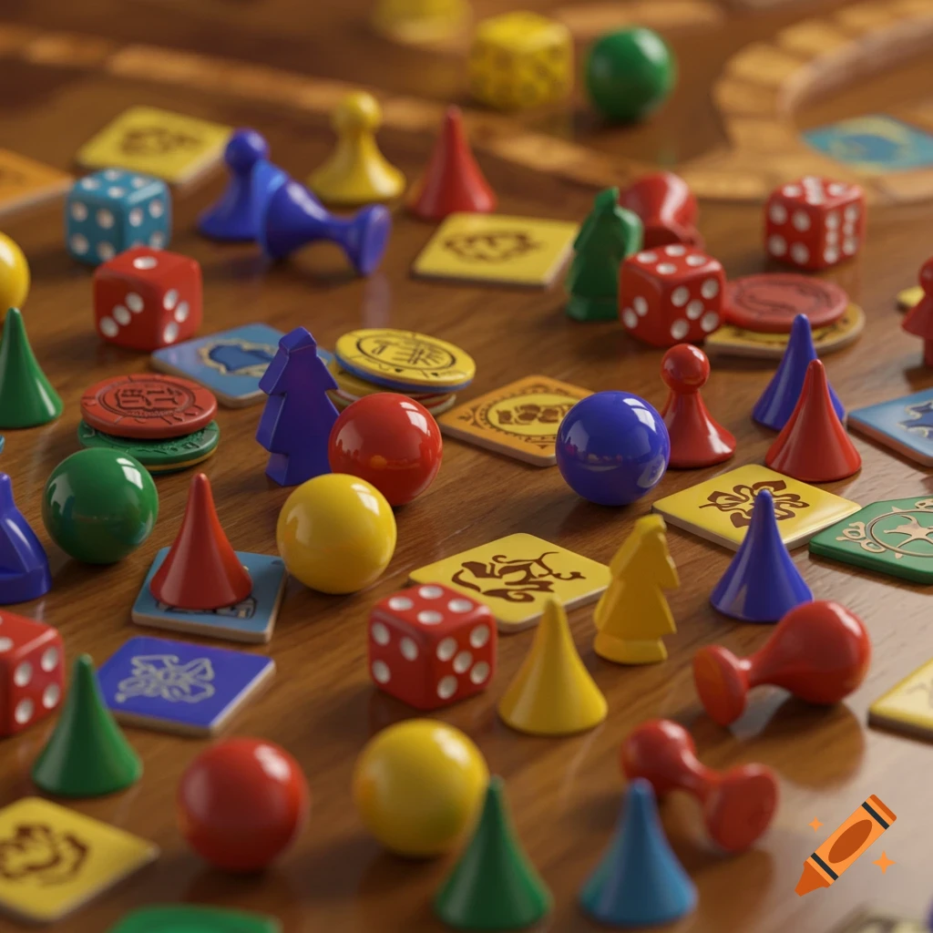 A close-up shot of colorful board game pieces, including dice, pawns, cones, and tiles, scattered on a wooden table.