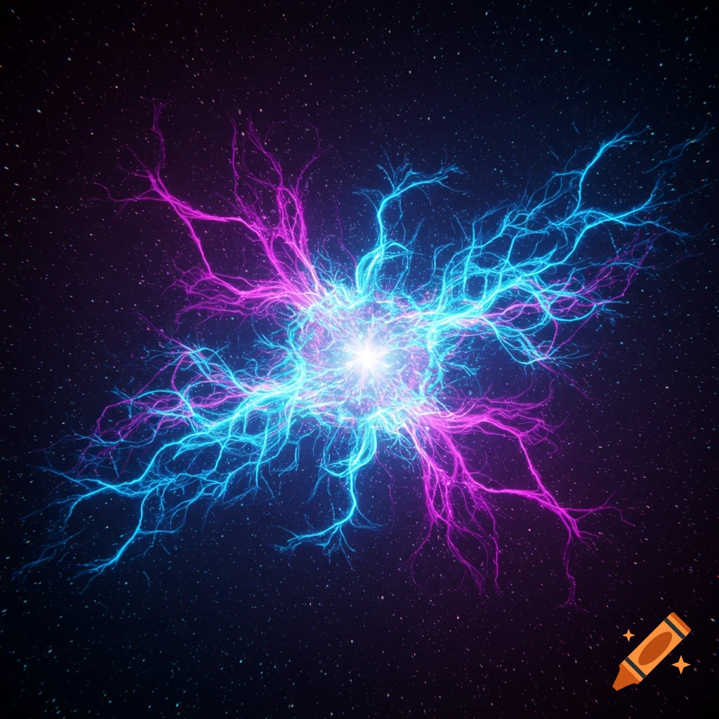 Abstract image of a central glowing light bursting with pink and blue energy tendrils against a star-filled dark space.