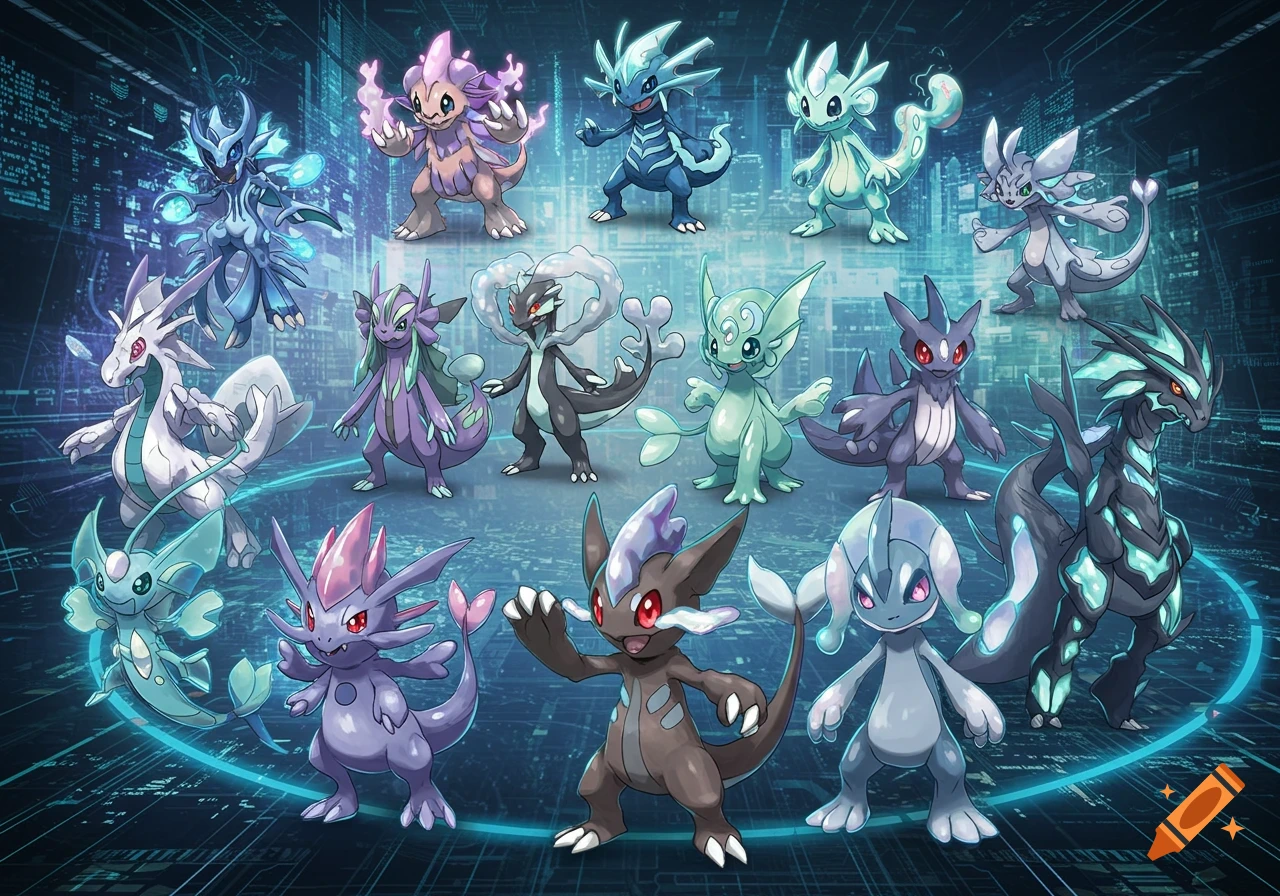 A group of 12 colorful, cartoonish fakemon-like creatures with various designs, set against a blue futuristic background.