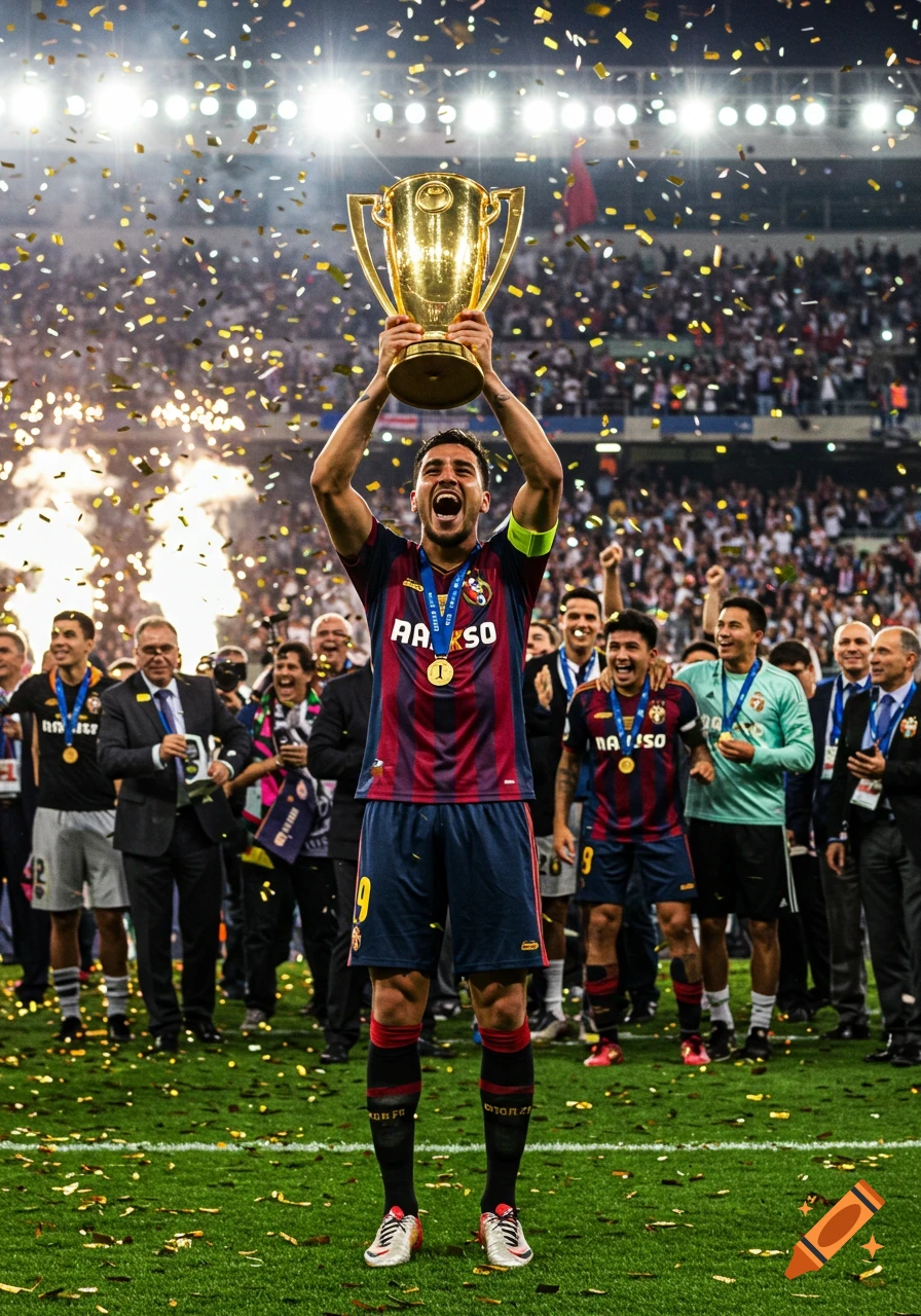 A jubilant male soccer player in a blue and red jersey holds a golden trophy overhead as confetti falls on a stadium field.