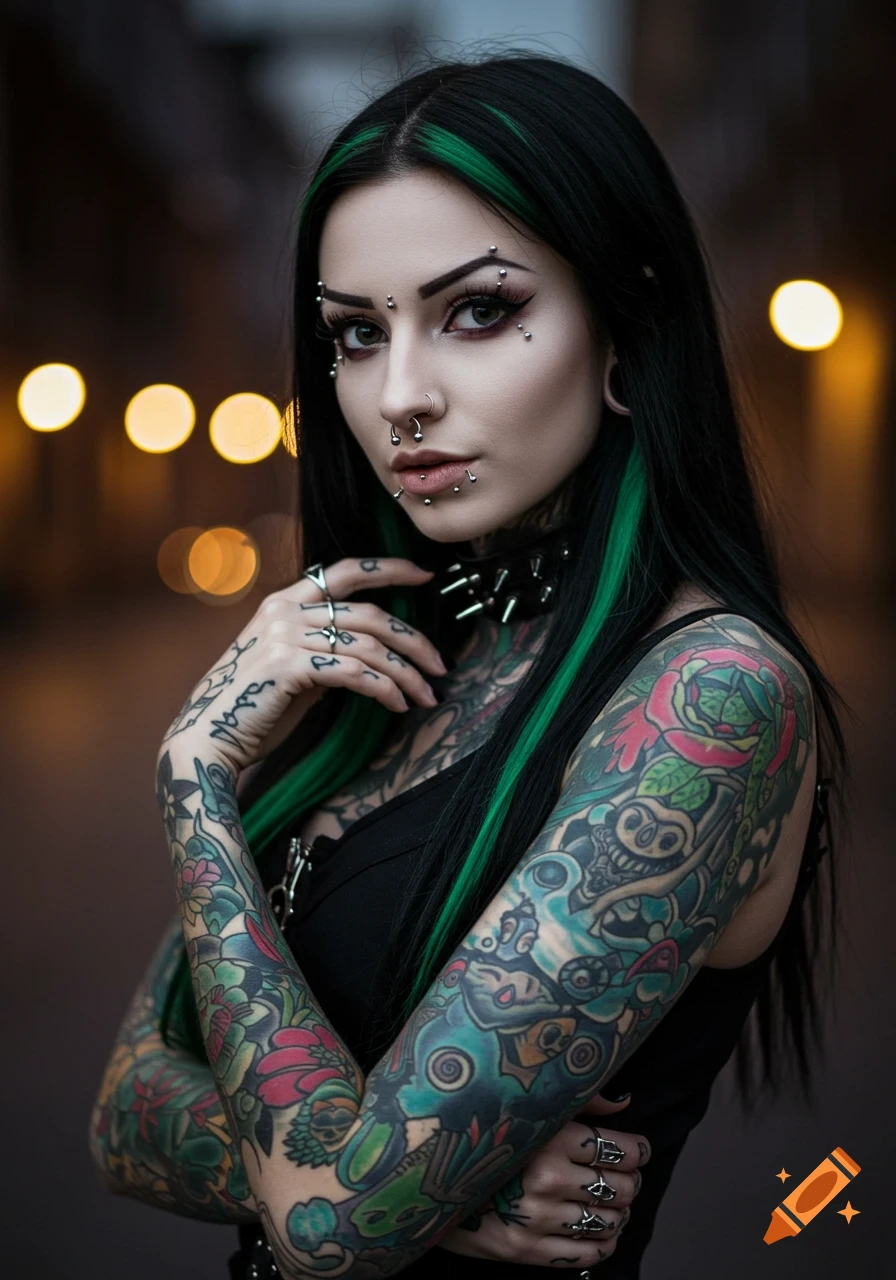 Close-up photo of an attractive goth woman with black hair and green highlights, multiple piercings, and full arm tattoos, posing outdoors at night.
