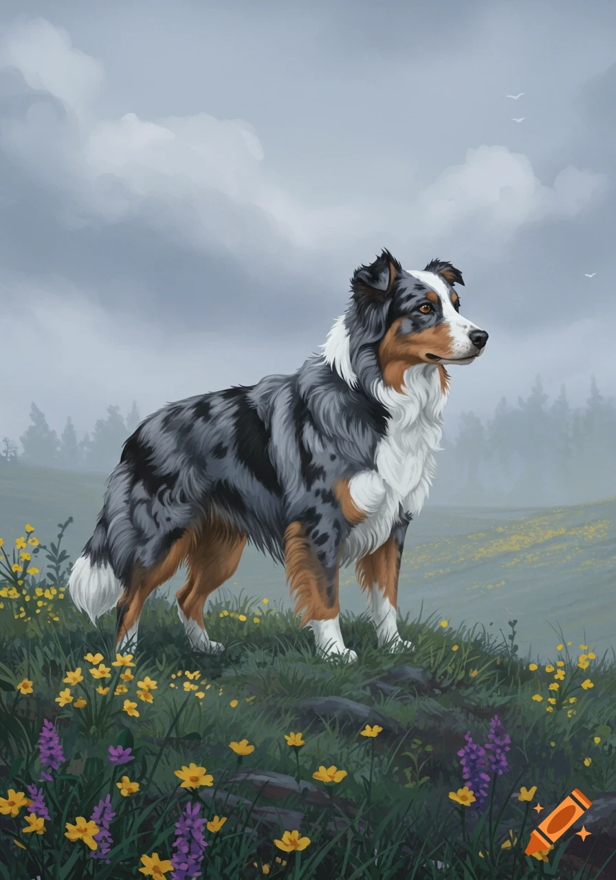 A blue merle Australian Shepherd dog stands in a field of wildflowers under a cloudy sky, in an illustrated style.