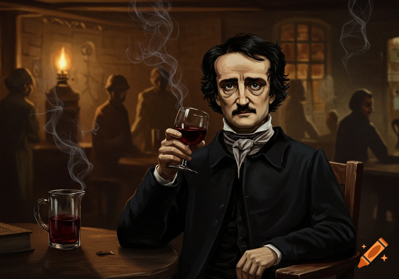 A somber Edgar Allan Poe, with a mustache and dark hair, holds a glass of red wine in a dimly lit tavern, smoke curling around him.