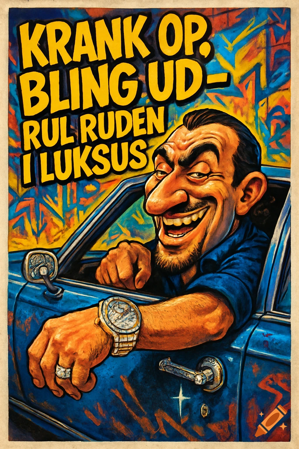A caricatured man with a large nose and beard smiles from a blue car, wearing a diamond watch, with bold text on a graffiti background.