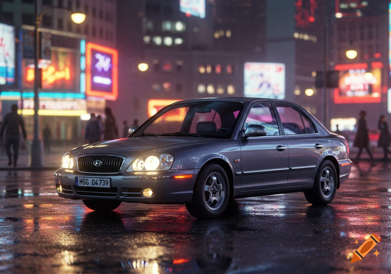 A photorealistic gray Hyundai Sonata sedan parked on a wet street at night in a city, with colorful neon lights reflecting.