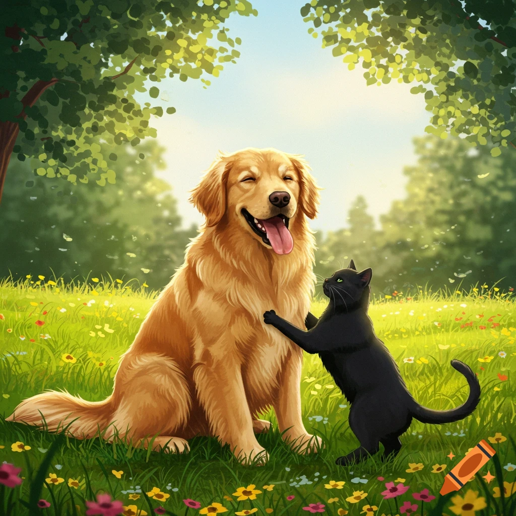A happy golden retriever and a black cat playing in a sunny field with wildflowers, rendered in an illustrative style.