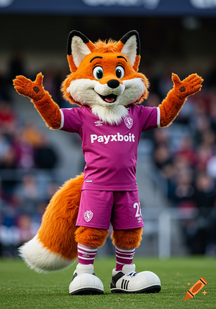 An orange and white fox mascot in a pink soccer uniform stands on a grass field with arms raised, cheering.