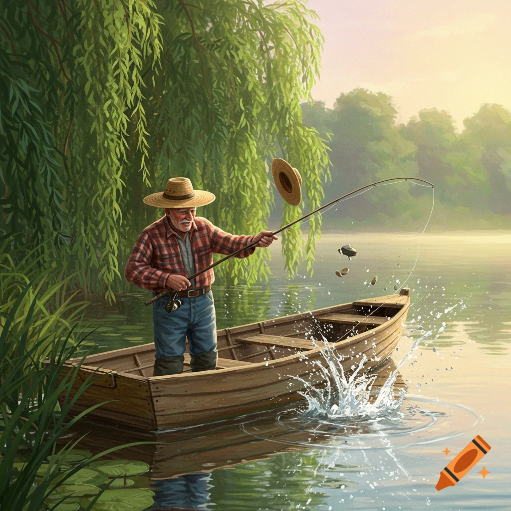 An old man in a straw hat and plaid shirt loses his hat while fishing from a boat on a serene lake under a willow tree. Water splashes playfully from his line, capturing a humorous "fishing fail" in a detailed illustration.