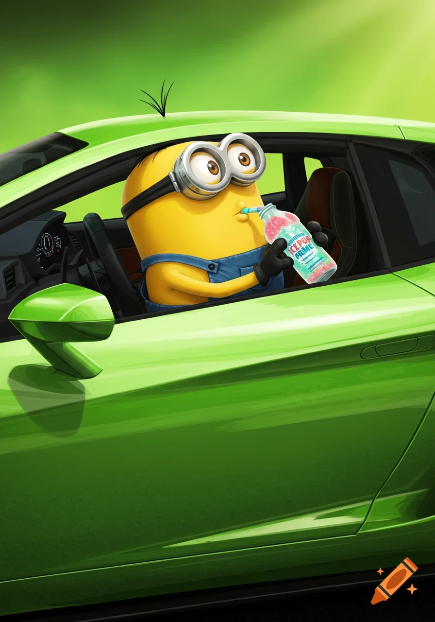 A cartoon Minion in goggles and overalls drives a bright green Lamborghini, drinking a colorful beverage labeled 'Ice Pop Prime'.