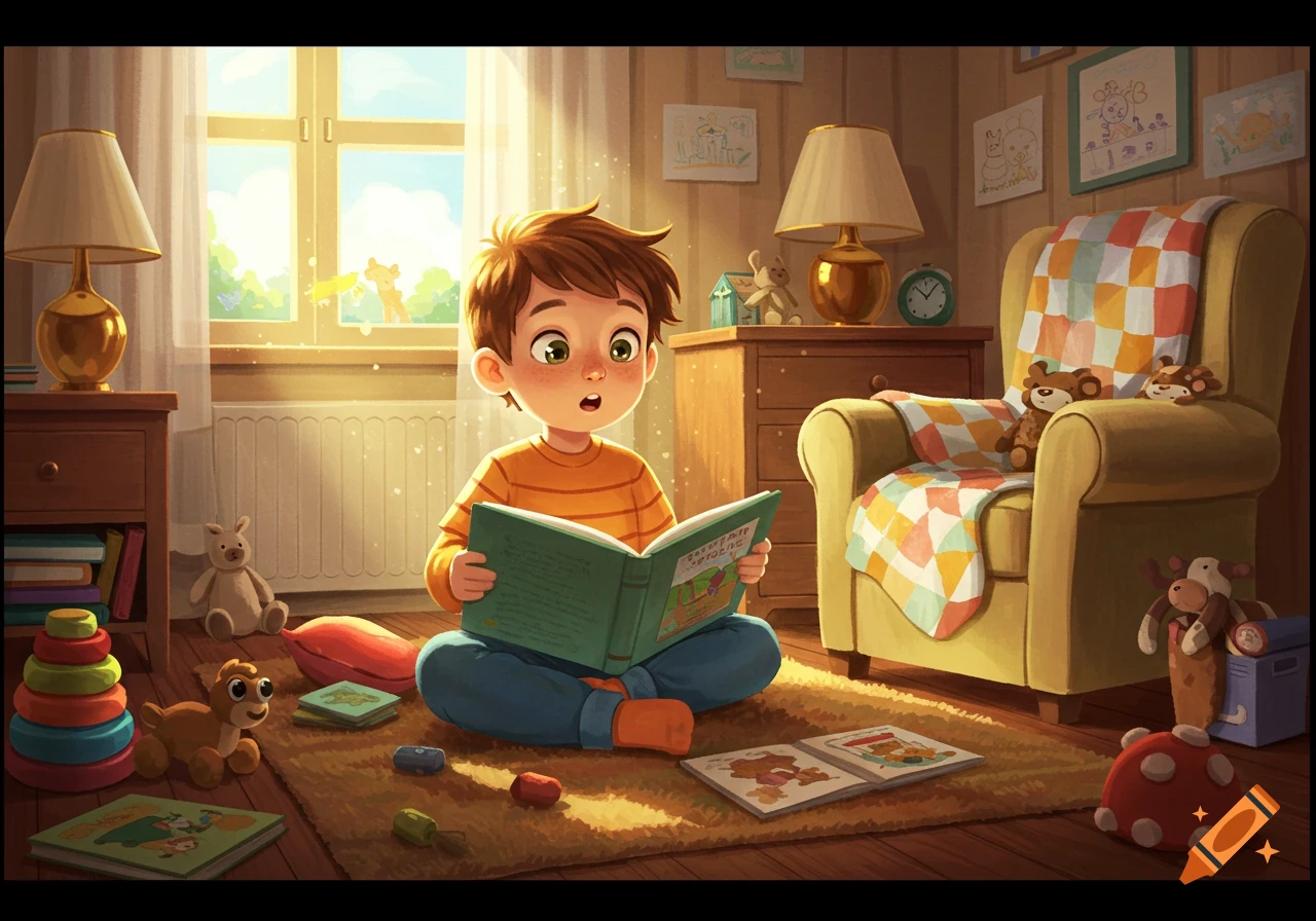 A cartoon boy sits on a rug in a sunny room, reading a green book surrounded by toys.