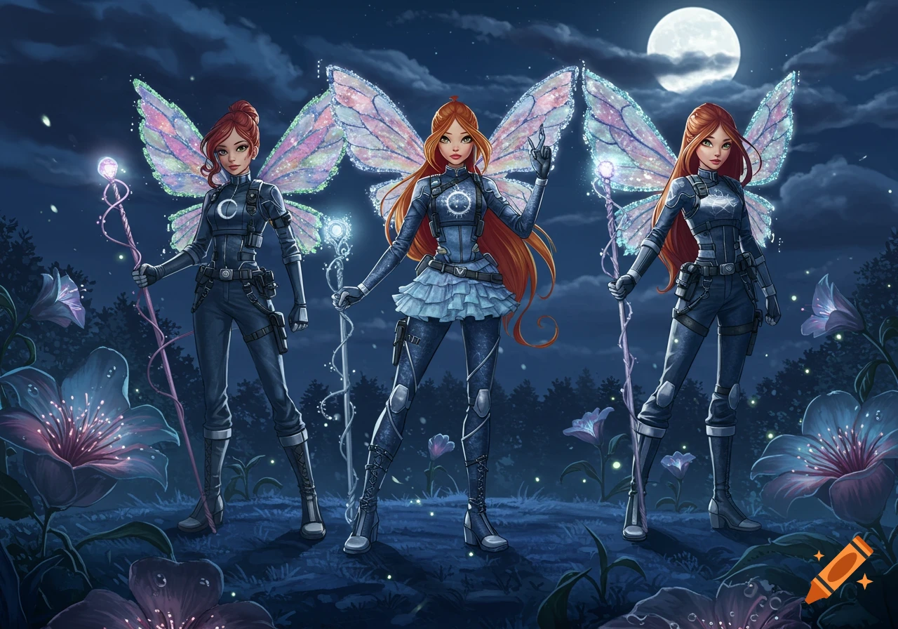 Three fairy-like women in tactical suits with glowing wings and staffs stand in a magical forest at night under a full moon, surrounded by glowing flowers.